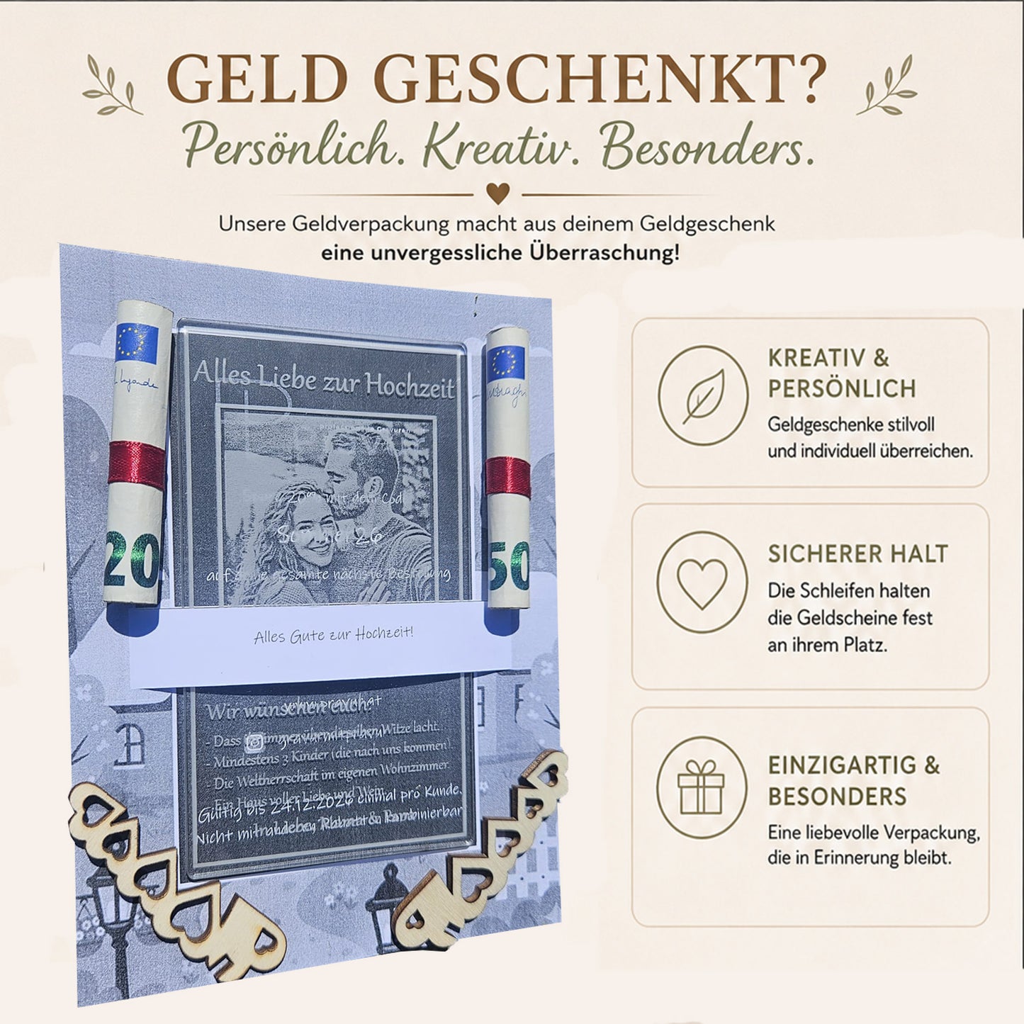 Moderne und kreative Idee für ein Geldgeschenk zur Hochzeit, elegant befestigt direkt am Acrylglas-Aufsteller.