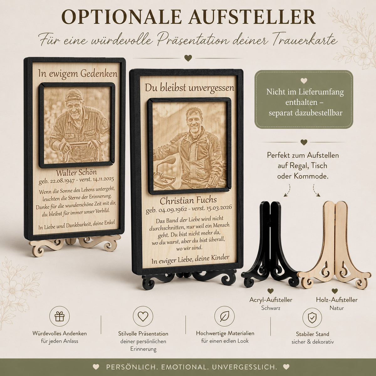 Detailansicht des stabilen und passgenauen Holz-Standfusses für die würdevolle Platzierung der Erinnerungstafel.