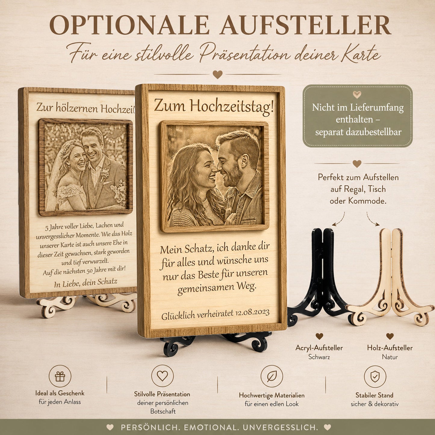 Nahaufnahme des stabilen und passgenauen Holz-Standfusses für die stilvolle Platzierung des Jubiläumsaufstellers.