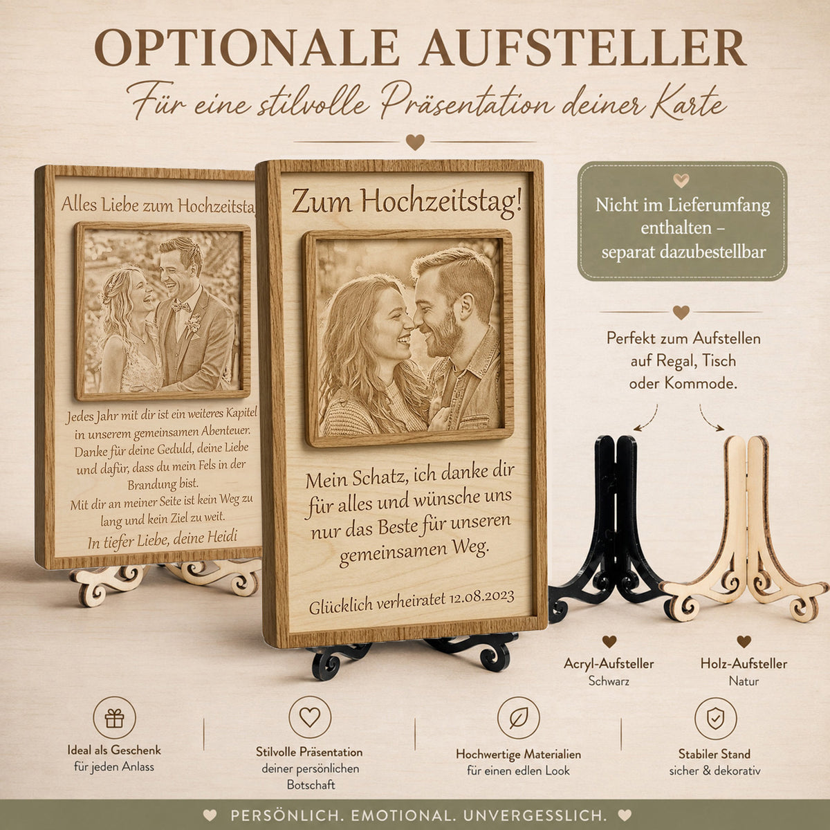 Nahaufnahme des stabilen und passgenauen Holz-Standfusses für die stilvolle Platzierung des Jubiläumsaufstellers.