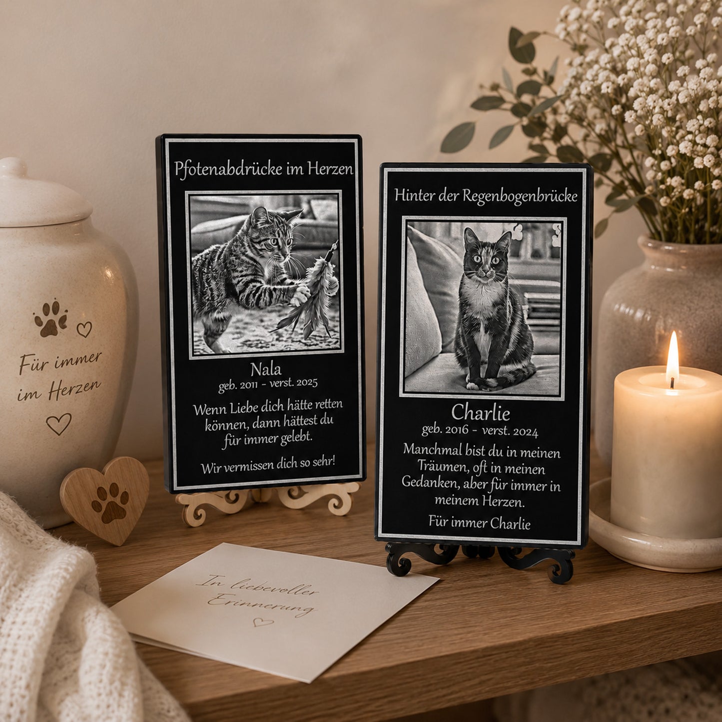 Würdevoll dekoriertes Katzen-Erinnerungsstück aus schwarzem Acrylglas mit brennendem Teelicht zum Gedenken an die geliebte Katze.