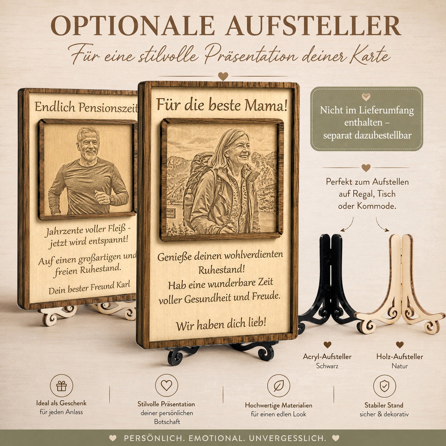 Detailansicht des stabilen Holz-Standfusses für die würdevolle Platzierung des Renten-Erinnerungsstücks auf dem Schreibtisch oder Regal.