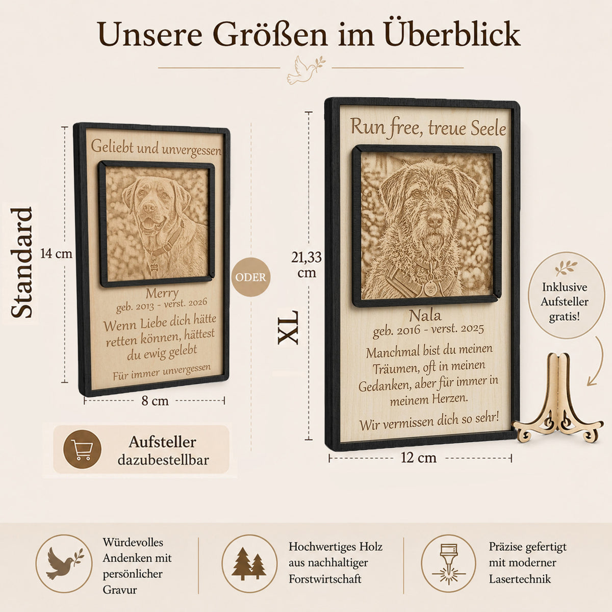 Abmessungen und Maße der hölzernen Hunde-Erinnerungstafel im direkten Größenvergleich.