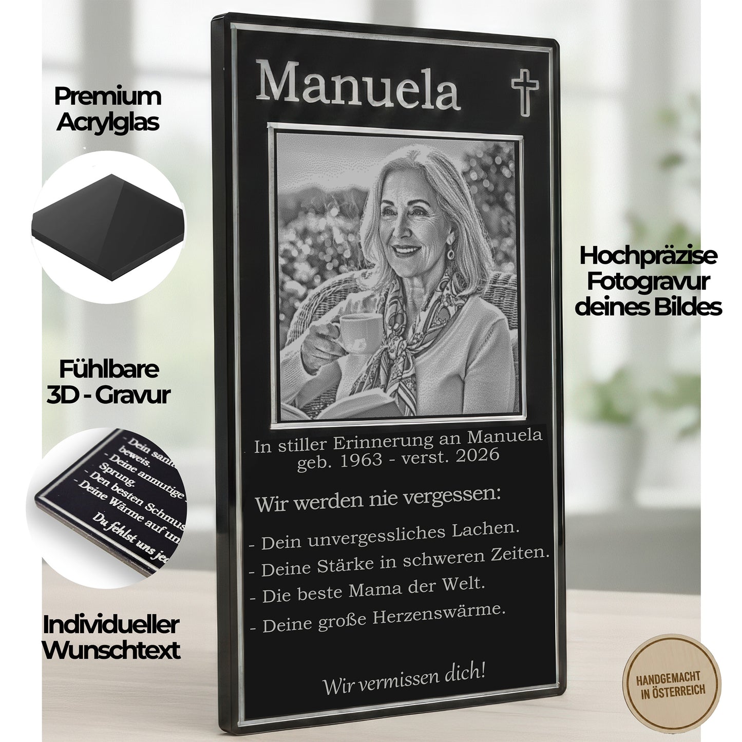 Zeitlose gravierte Gedenkkarte Mensch auf SCHWARZEM ACRYL