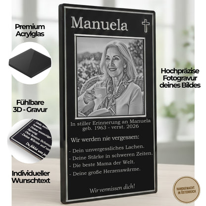 Zeitlose gravierte Gedenkkarte Mensch auf SCHWARZEM ACRYL