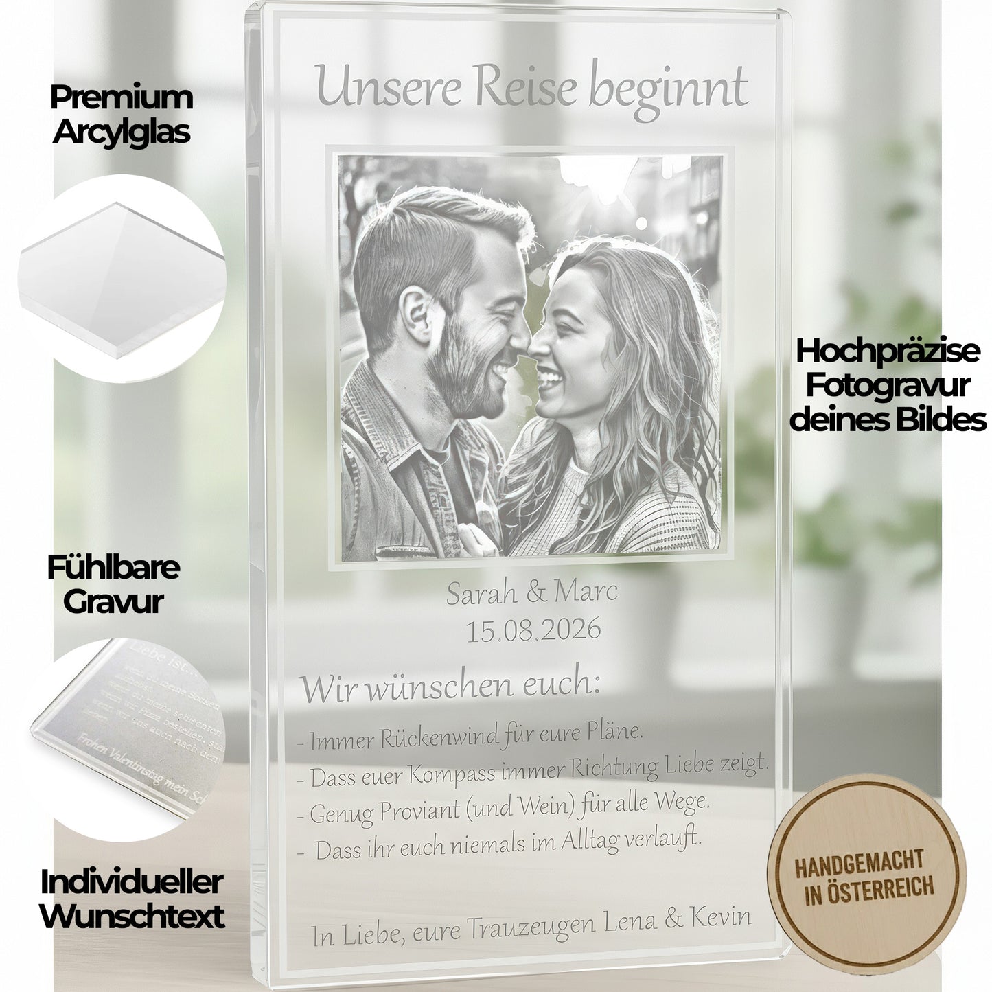 Geldgeschenk Hochzeit Acryl – Karte mit Fotogravur & Glas-Effekt