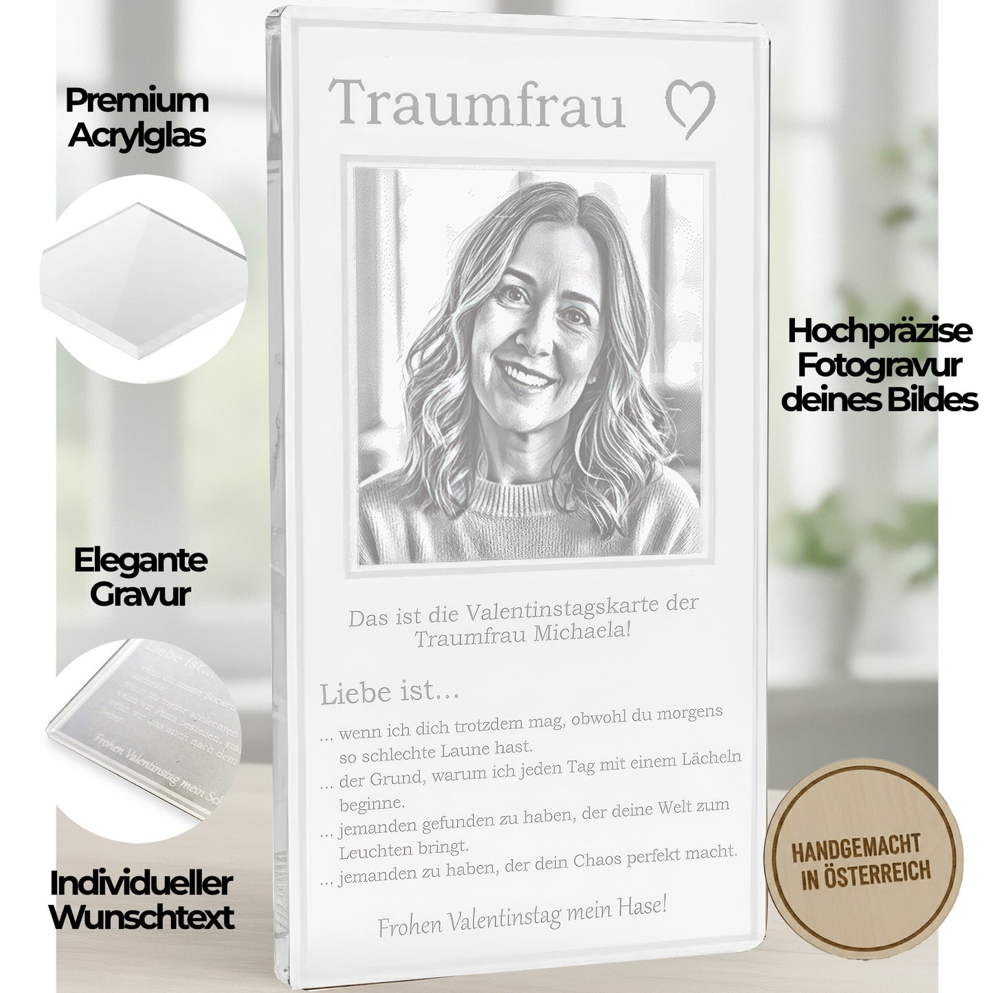 Valentinstags-Geschenkkarte Gravur "Liebe ist" auf klarem Acrylglas