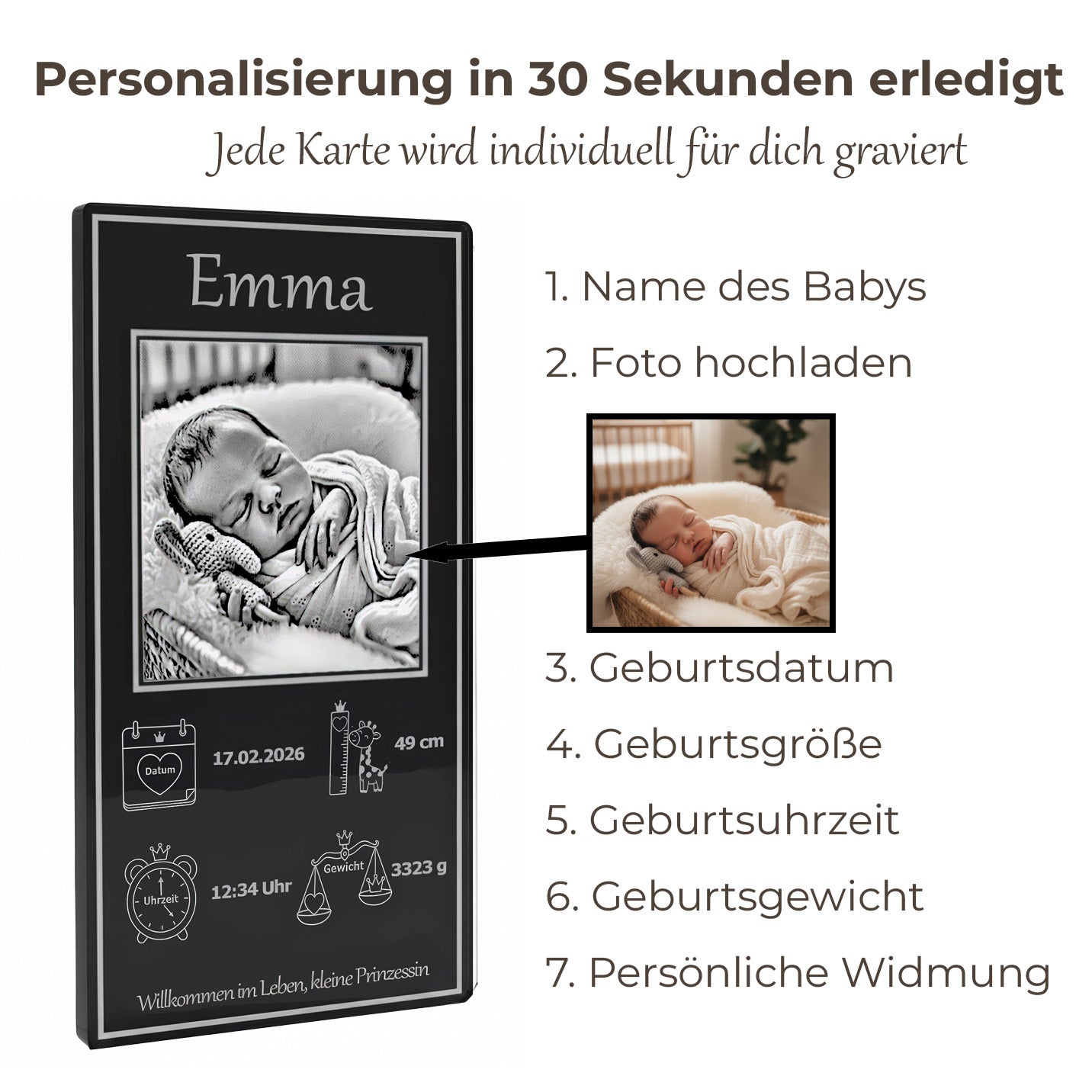 Personalisierungstool schwarze Acrylglaskarte Babyfoto.