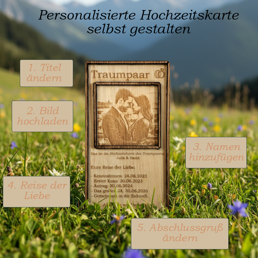 Feine Lasergravur auf Echtholz (Maserung) mit Datum und Namen der Liebenden