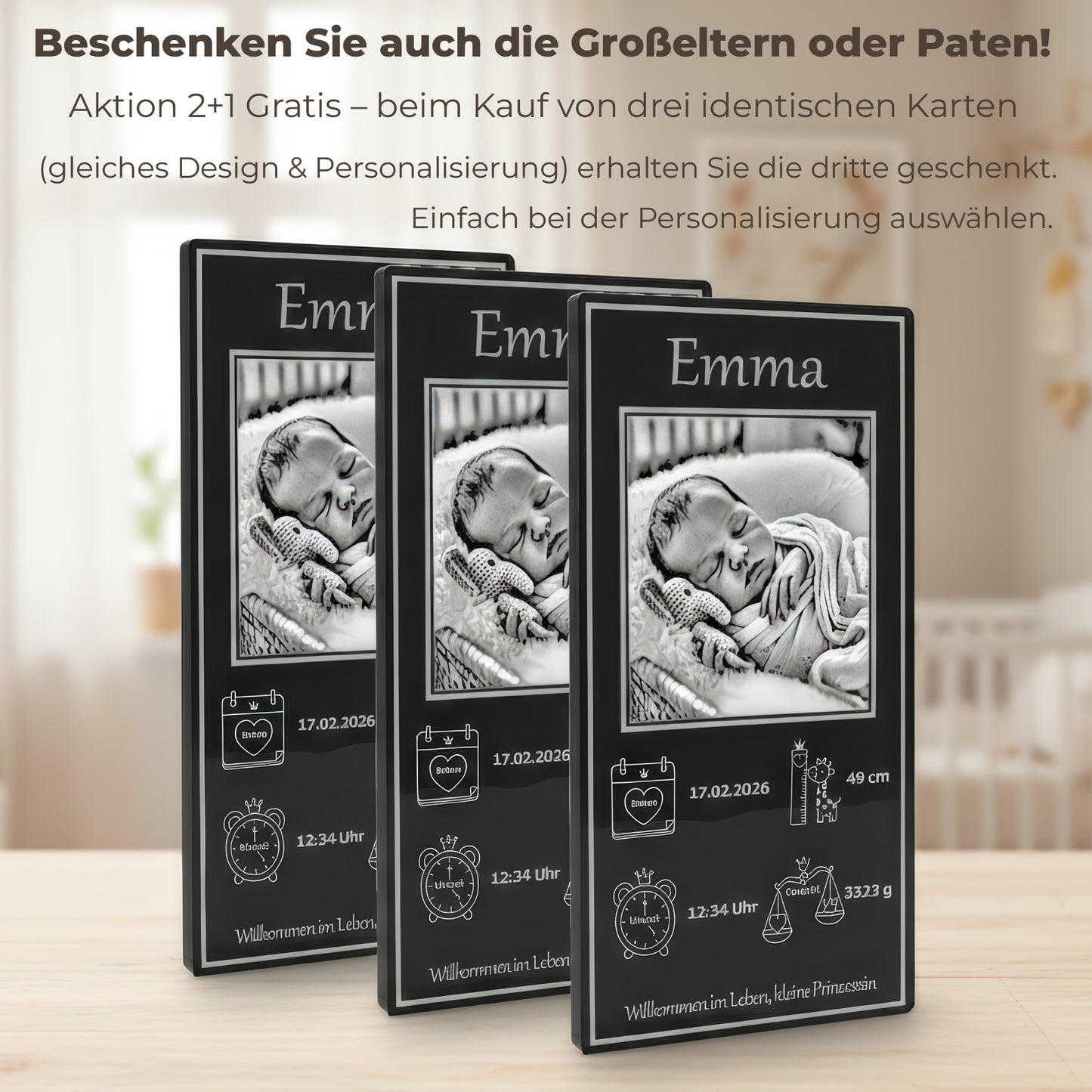 2+1 Angebot schwarze Geburtskarten Acrylglas Pravur Aktion.