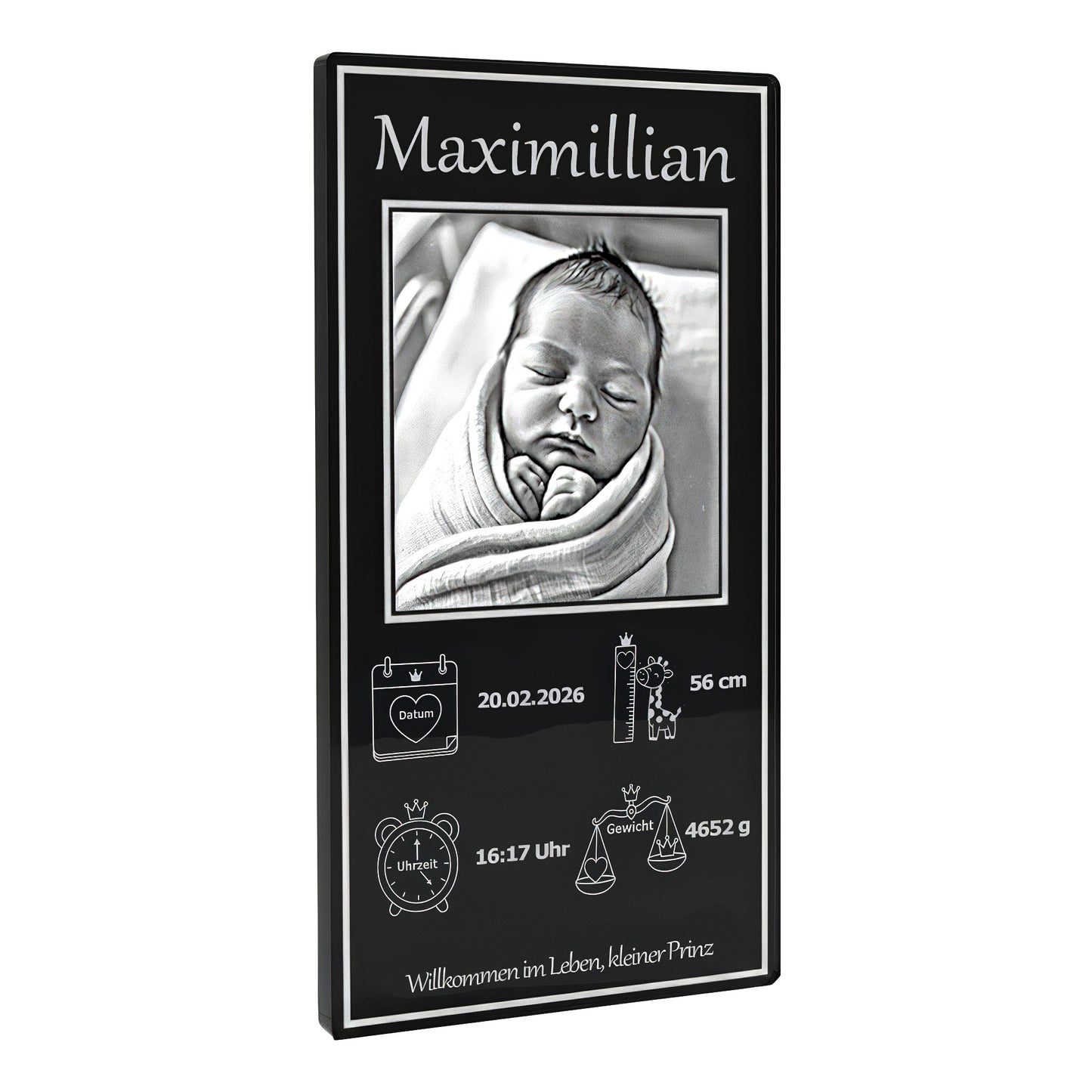 Babyfoto Gravur auf schwarzem Acrylglas edles Geburtsgeschenk