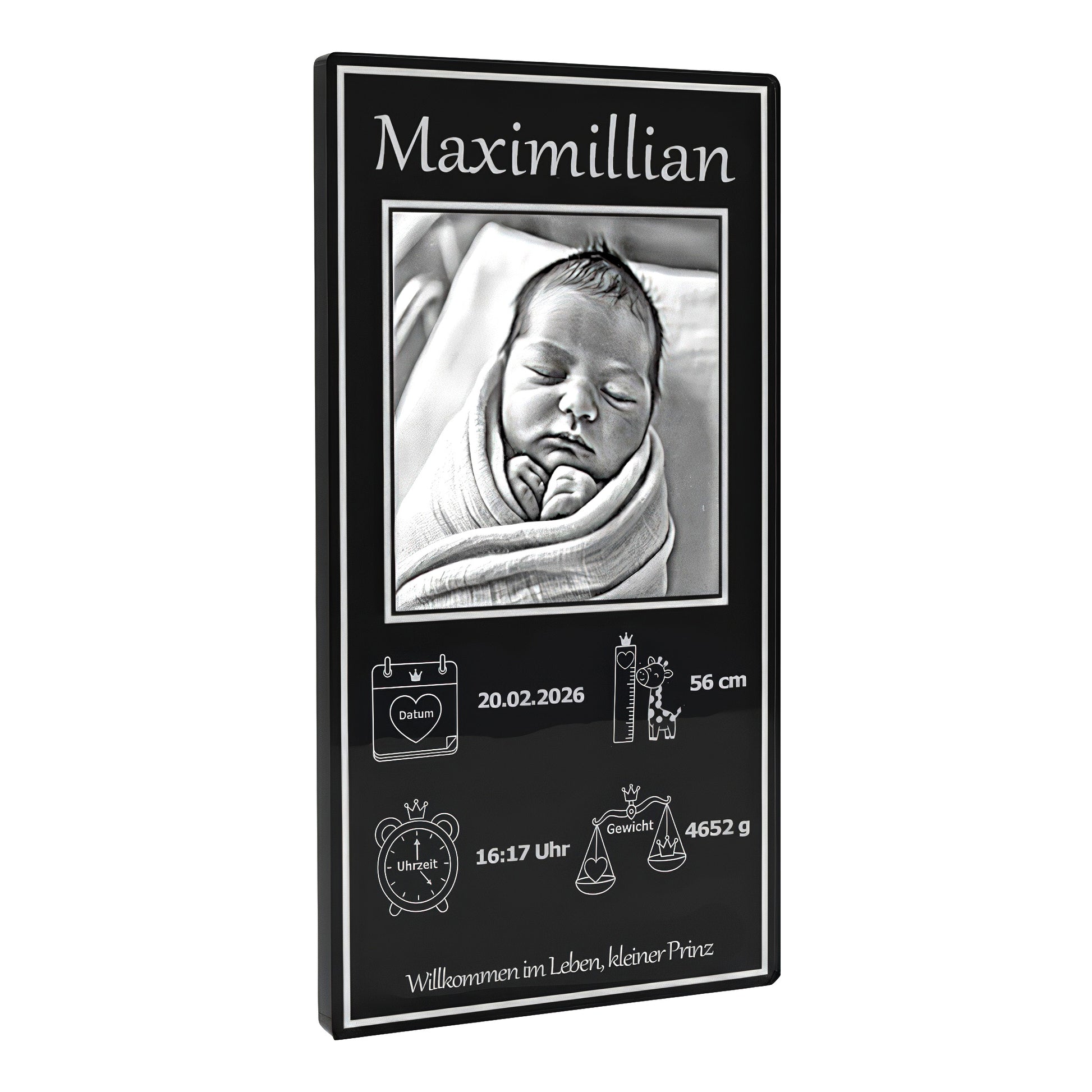 Babyfoto Gravur auf schwarzem Acrylglas edles Geburtsgeschenk