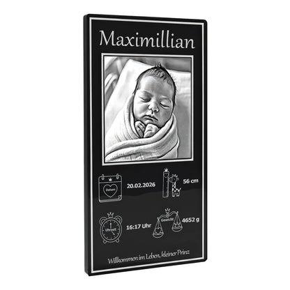 Babyfoto Gravur auf schwarzem Acrylglas edles Geburtsgeschenk