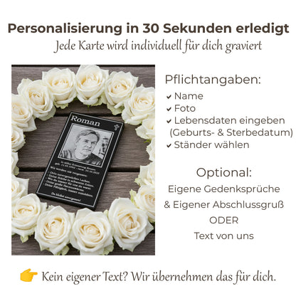 Zeitlose gravierte Gedenkkarte Mensch auf SCHWARZEM ACRYL