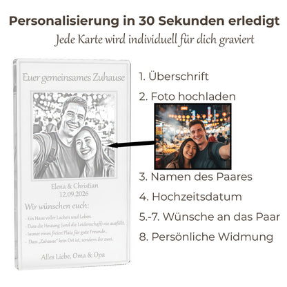 Geldgeschenk Hochzeit Acryl – Karte mit Fotogravur & Glas-Effekt