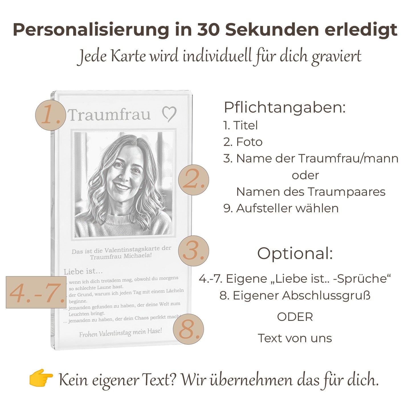 Valentinstags-Geschenkkarte Gravur "Liebe ist" auf klarem Acrylglas