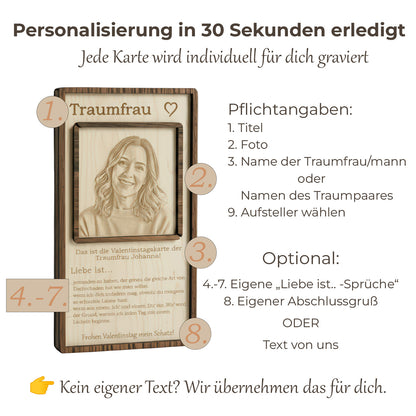 Besondere Holzkarte Valentinstag "Liebe ist..." - Geschenk mit Gravur