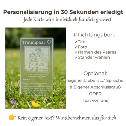 Liebe ist... Holz Jahrestagskarte mit Gravur - Geschenk Partner