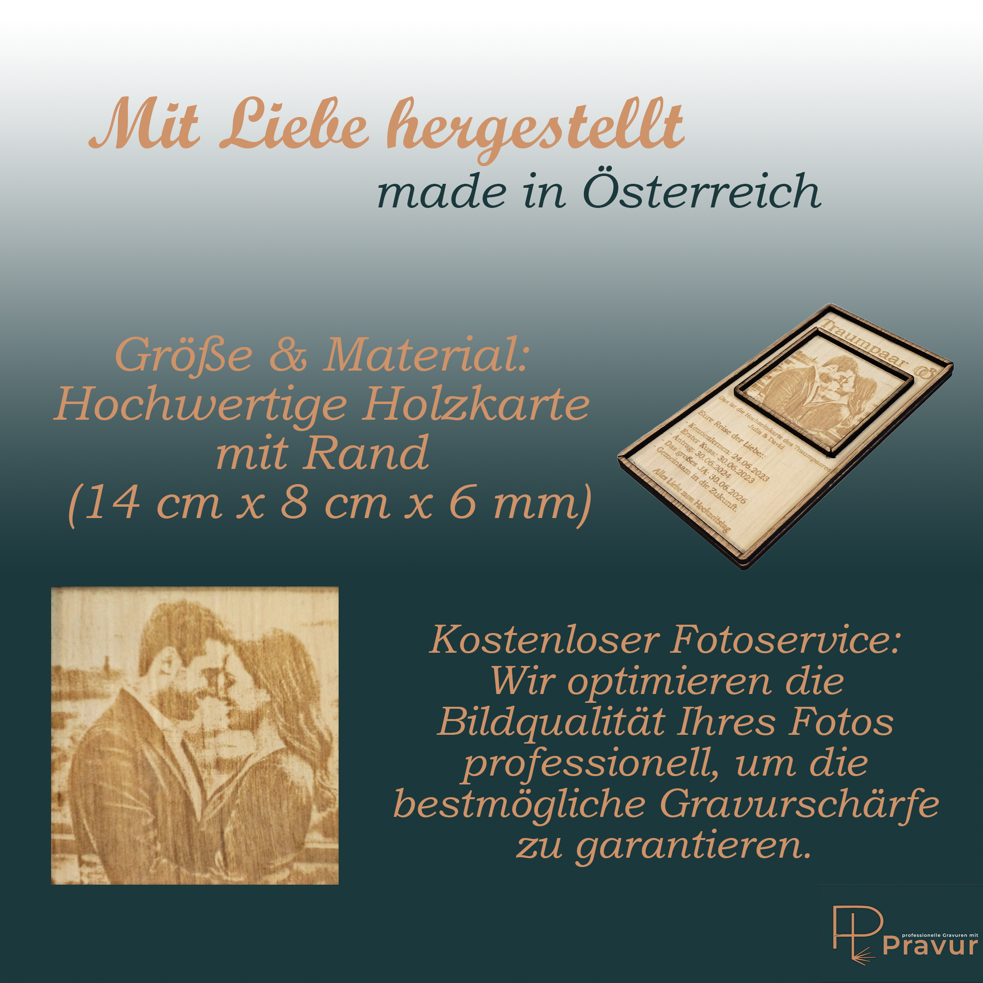 Präzise Gravur der persönlichen Holzkarte zum Hochzeitstag in der Manufaktur Pravur