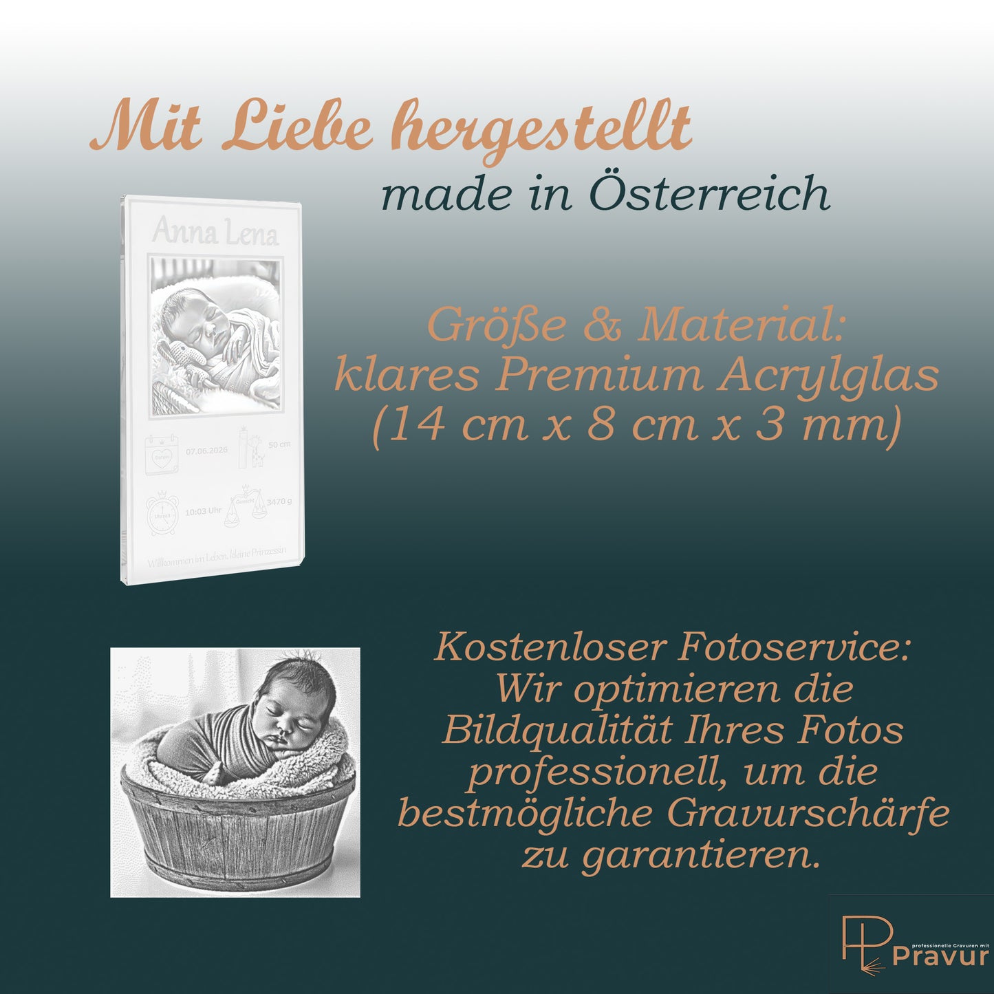 Produktdetails Pravur Acrylglaskarte klar Materialinfo.