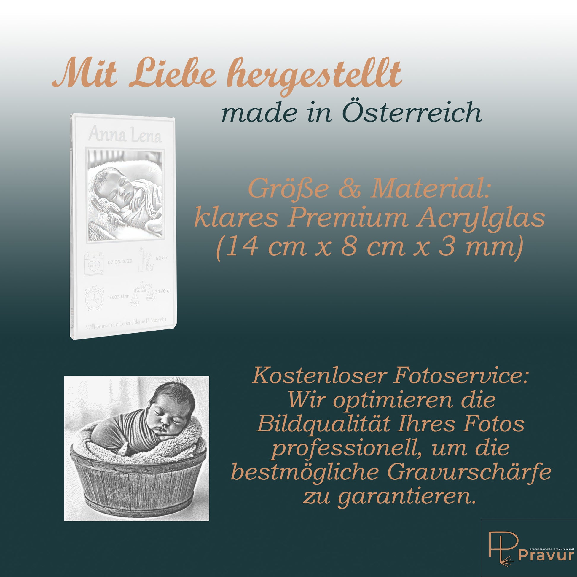 Produktdetails Pravur Acrylglaskarte klar Materialinfo.