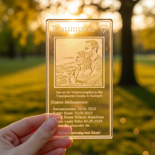 Personalisierte Acryl Meilenstein-Karte mit Foto-Gravur im Sonnenuntergang gehalten