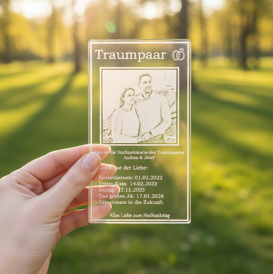 Acryl-Geschenk "Eure Reise der Liebe" zum Hochzeitstag mit individueller Foto-Gravur