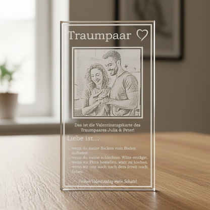 Acryl-Geschenk "Liebe ist..." - Sprüche zum Valentinstag mit personalisierter Fotogravur