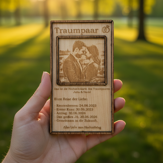 Hochwertige Holzkartengravur "Reise der Liebe" als Hochzeitsgeschenk mit personalisiertem Foto und Text