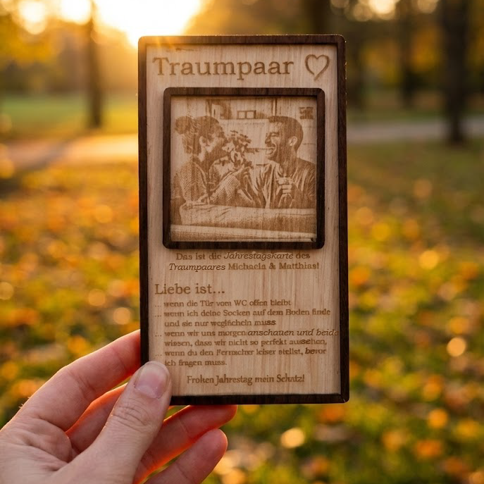 Hochwertige Holzkartengravur "Liebe ist..." mit personalisiertem Foto zum Jahrestag