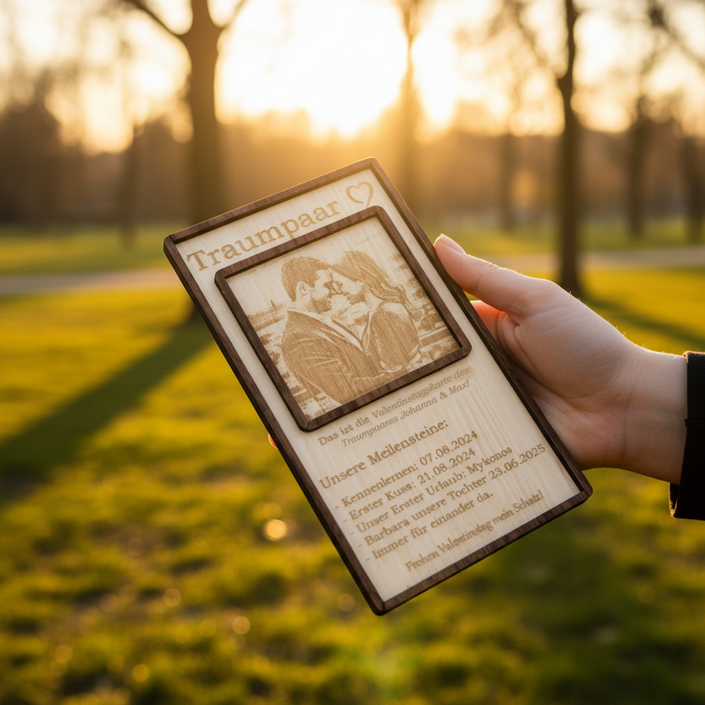 Personalisierte Naturholz Meilenstein-Karte mit Foto-Gravur im Sonnenuntergang gehalten