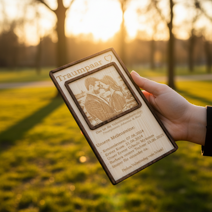 Personalisierte Naturholz Meilenstein-Karte mit Foto-Gravur im Sonnenuntergang gehalten