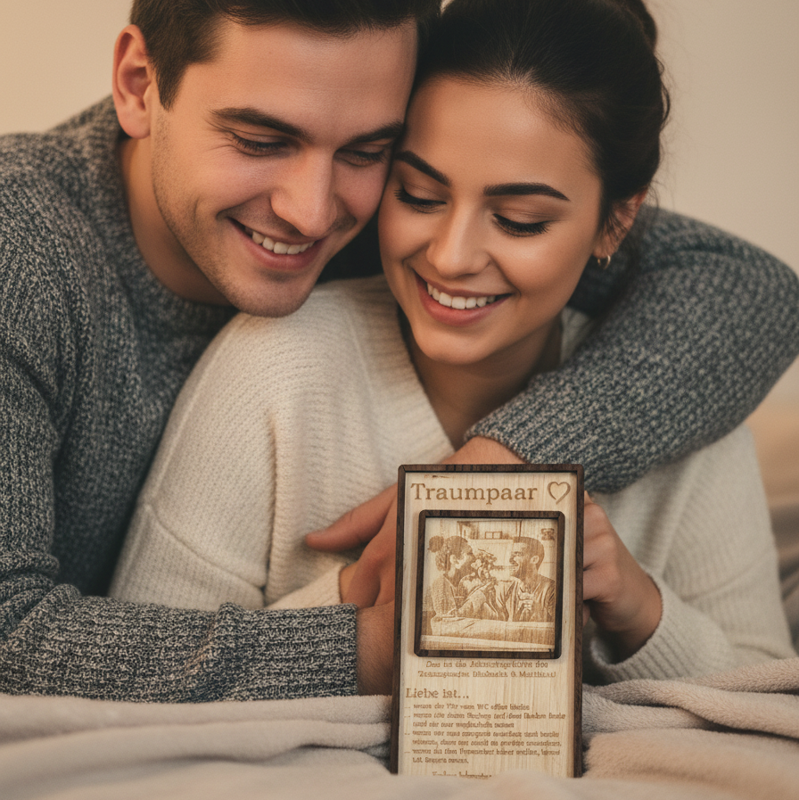 Liebe ist... Holz Jahrestagskarte mit Gravur - Geschenk Partner