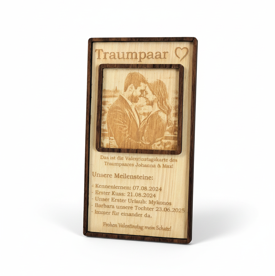 Valentinstags-Geschenk Meilensteine auf warmen Naturholz