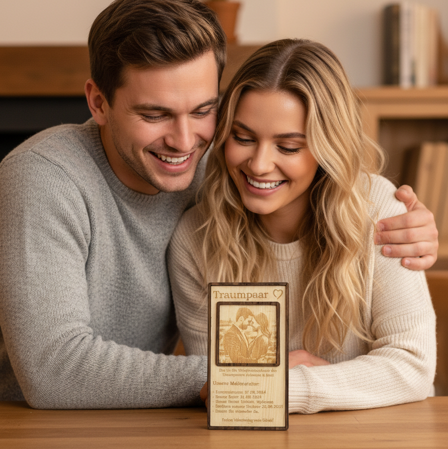 Valentinstags-Geschenk Meilensteine auf warmen Naturholz