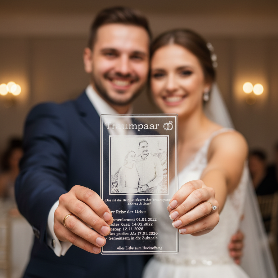 Reise der Liebe - Glas Hochzeitskarte mit Gravur - Edles Acryl Geschenk