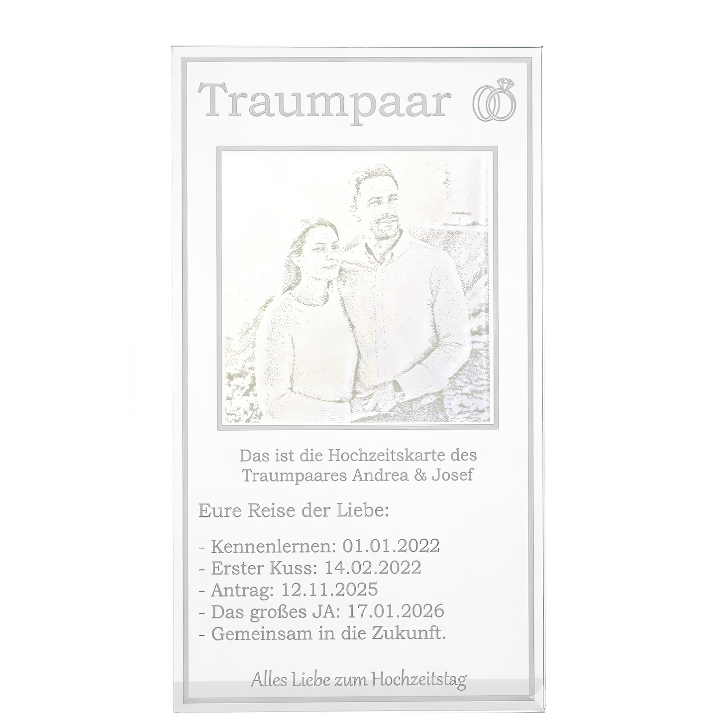 Reise der Liebe - Glas Hochzeitskarte mit Gravur - Edles Acryl Geschenk