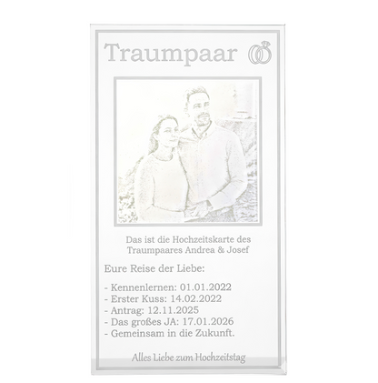 Reise der Liebe - Glas Hochzeitskarte mit Gravur - Edles Acryl Geschenk