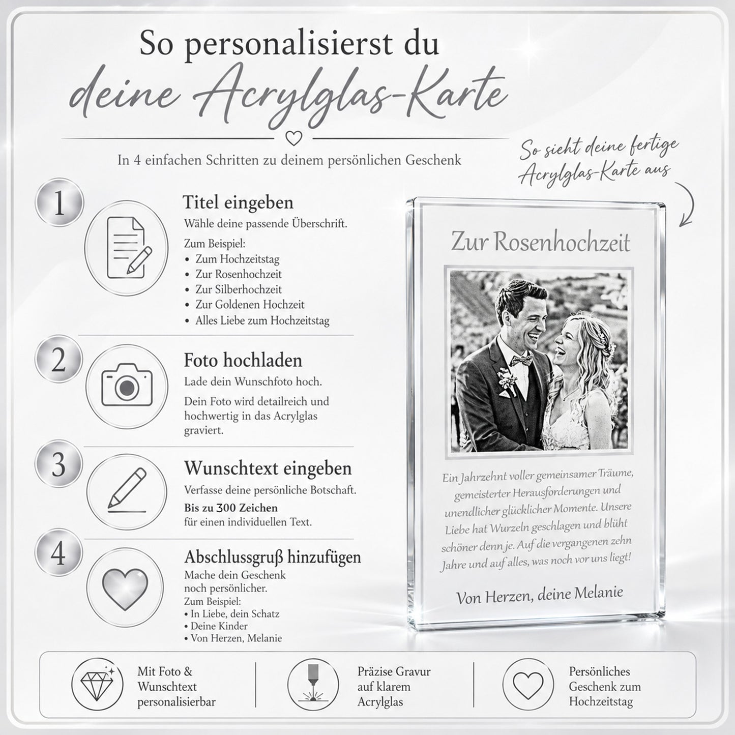 Personalisiertes Jubiläumsgeschenk aus Acryl | Karte zur Goldenen, Silbernen & Rosenhochzeit