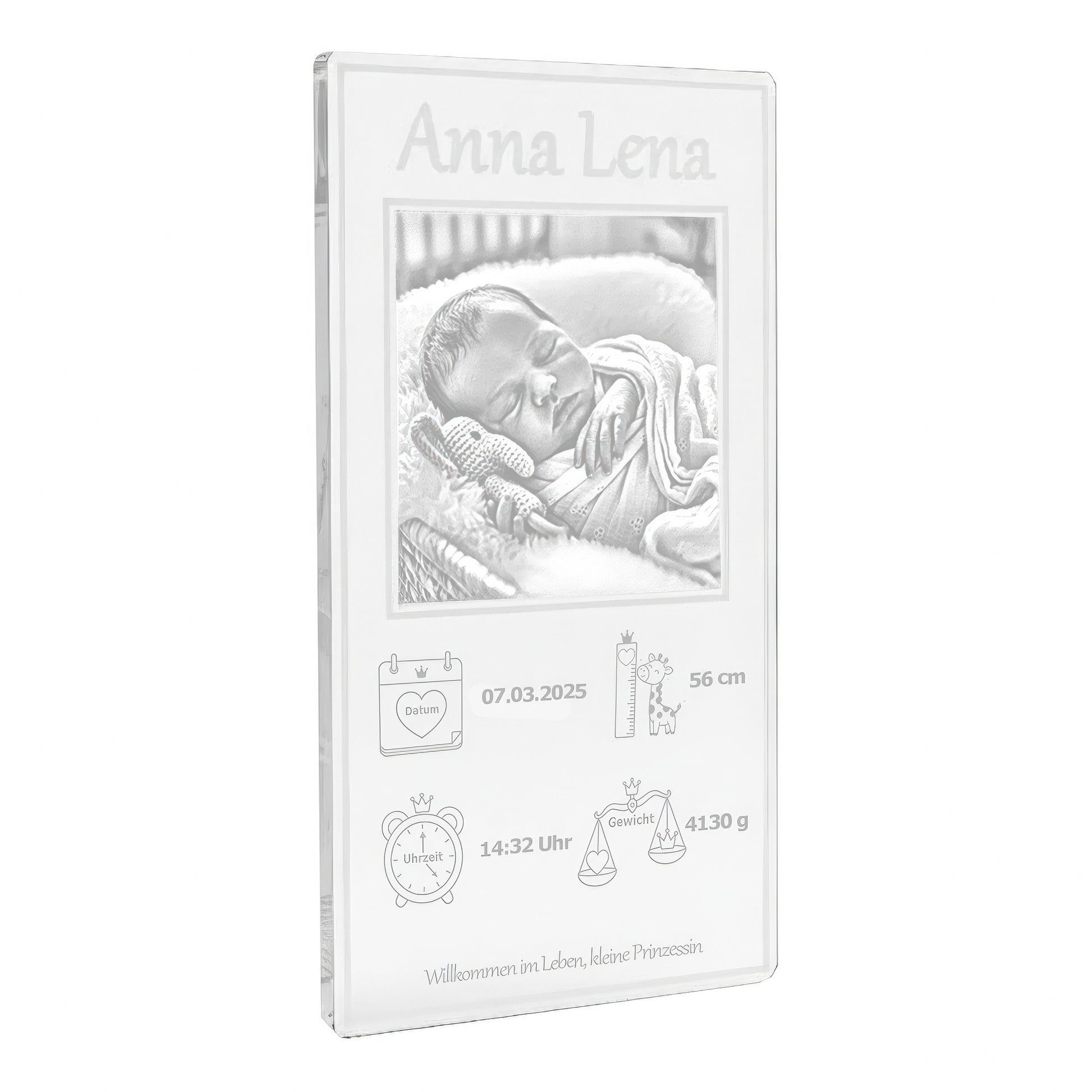 Babyfoto Gravur auf klarem Acrylglas Geschenk Geburt.
