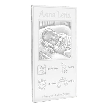 Babyfoto Gravur auf klarem Acrylglas Geschenk Geburt.