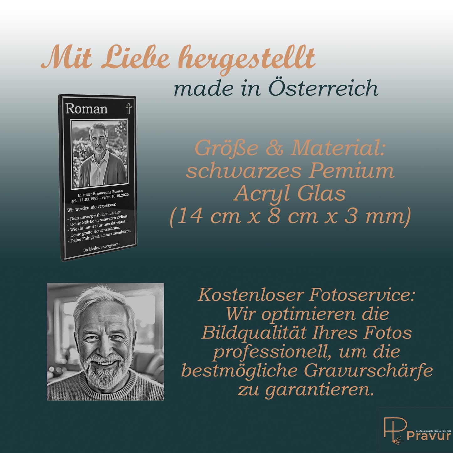 Zeitlose gravierte Gedenkkarte Mensch auf SCHWARZEM ACRYL