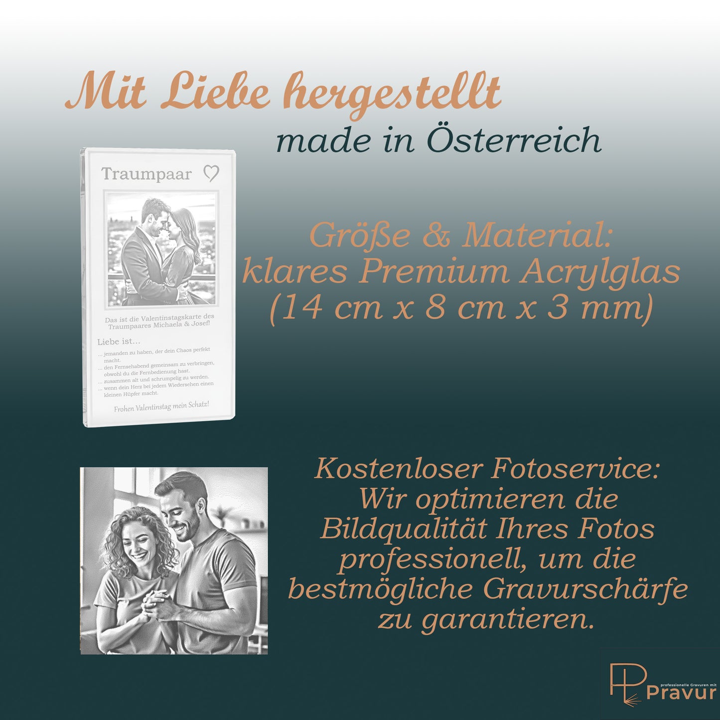 Valentinstags-Geschenkkarte Gravur "Liebe ist" auf klarem Acrylglas