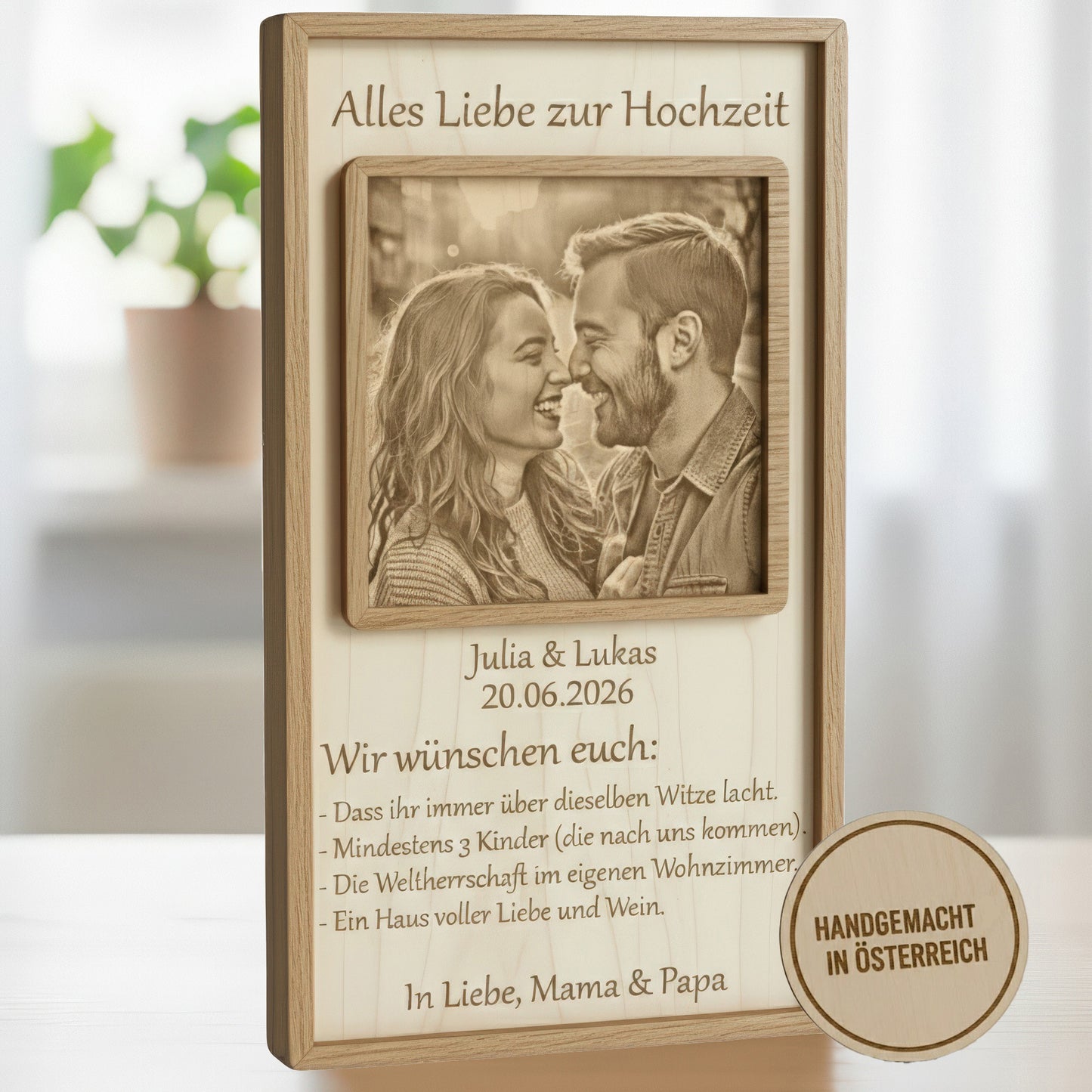 Ewiges Versprechen – Exklusives Hochzeitsgeschenk aus Echtholz mit Fotogravur