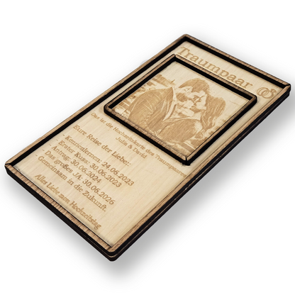 Reise der Liebe - Holz Hochzeitskarte mit Gravur - Geschenk Brautpaar