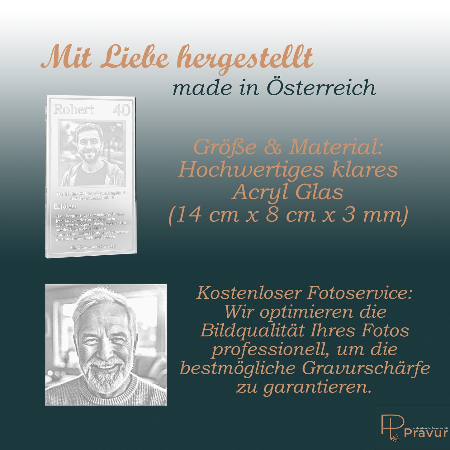 Infografik zu den Maßen der Glaskarte und Infos zur kostenlosen Bildbearbeitung durch Pravur.