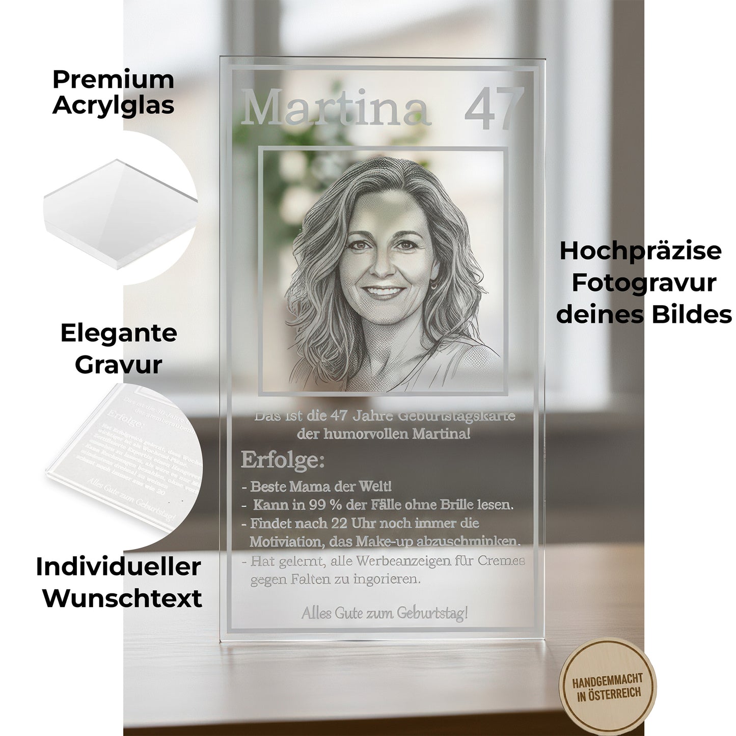 Detailaufnahme der glasklaren Gravur auf Acryl – zeigt die feine Lichtbrechung der Fotogravur.