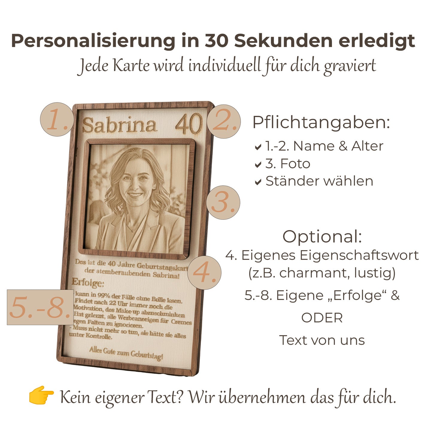So gestalten Sie die Holzkarte für Frauen: Foto-Upload und Text-Personalisierung einfach erklärt.