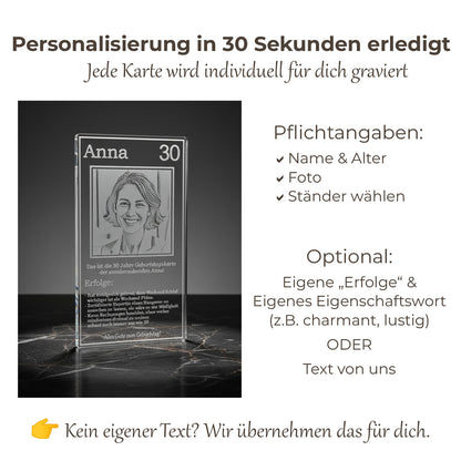 Einfache Schritte zum Hochladen Ihres Fotos für die personalisierte Glas-Geburtstagskarte.