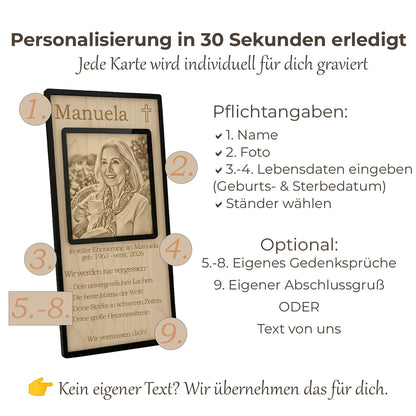 Schritt-für-Schritt Anleitung für den Foto-Upload zur Gestaltung der Holz-Gedenktafel.